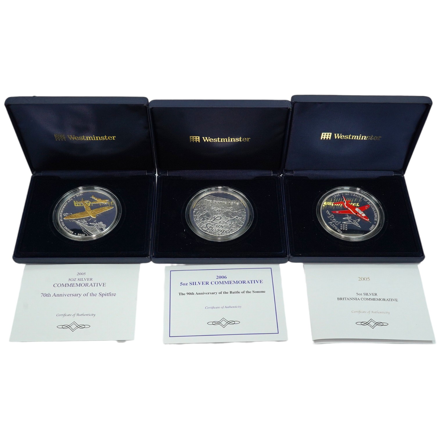 Westminster mint, three 5oz. silver commemorative medals; 2005 red arrows 40 years of excellence, 2006 70th anniversary of the Spitfire, and 2006 the 90th anniversary of the Battle of the Somme, in cases of issue with ce